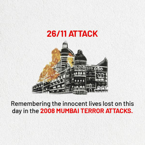 Image depicting the Taj Mahal Palace Hotel during the 2008 Mumbai attacks, with text commemorating the victims.