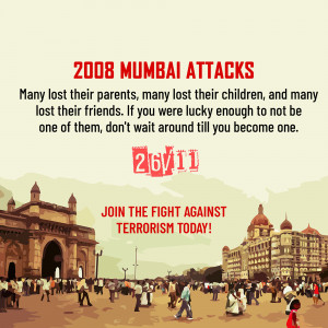 Memorial image for the 2008 Mumbai Attacks with the Gateway of India in the background.