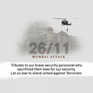 Memorial image commemorating the 26/11 Mumbai attacks with a helicopter and the Taj Mahal Hotel in the background.