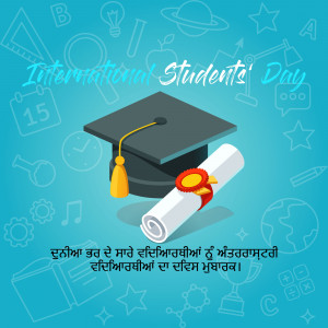 Illustration of a graduation cap and diploma scroll with school supplies background for International Students' Day