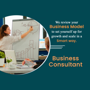 Business consultant presenting a business model on a whiteboard to a client.