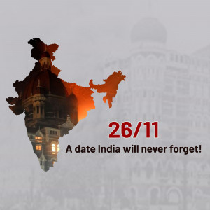 India map with the Taj Mahal hotel silhouette and the text '26/11 - A date India will never forget!'