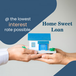 Hands holding a miniature house representing a home loan with text promoting the lowest interest rate.
