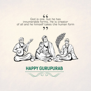 Illustration of three Sikh Gurus with a quote and 'Happy Gurupurab' text.
