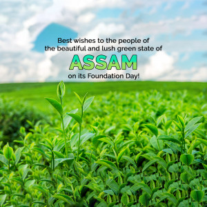 Green landscape with text wishing Assam on its Foundation Day