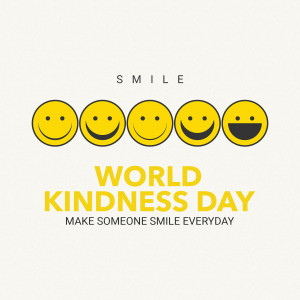 Five yellow smiley faces with the text 'SMILE' above and 'World Kindness Day - Make Someone Smile Everyday' below.