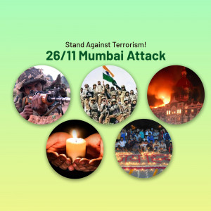 Memorial image for the 26/11 Mumbai Attacks, showing scenes of the event and remembrance.