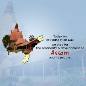 Image commemorating Assam Foundation Day with temple and map