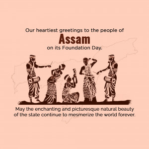 Assam Foundation Day greeting with traditional dancers and map