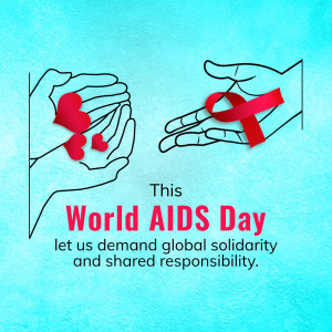Illustration of hands holding a red ribbon and a broken heart, with text 'World AIDS Day'