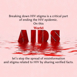 Image with the word AIDS in red letters partially submerged in water, with text about ending HIV stigma and misinformation.