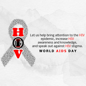 Red ribbon formed by the letters HIV with text promoting HIV awareness and fighting stigma.