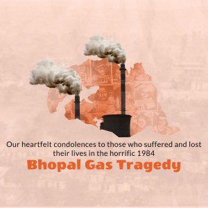 Image commemorating the Bhopal Gas Tragedy of 1984 with smokestacks and a map of India.