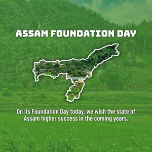 Image commemorating Assam Foundation Day with a map of Assam filled with scenic views.