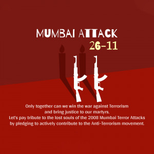 Memorial image for the 26/11 Mumbai attacks with candles and weapons silhouettes.