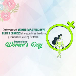 Illustration celebrating International Women's Day with a female figure and text about women in the workplace.