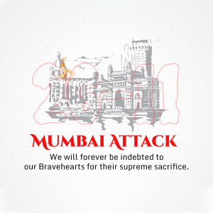 Illustration depicting the Mumbai attacks with the Taj Mahal Palace Hotel and a tribute to bravehearts.