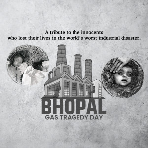 A grayscale image commemorating the Bhopal Gas Tragedy, featuring factory chimneys, and portraits of affected children.