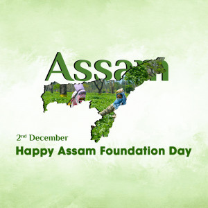 Assam Foundation Day celebration graphic with state map and tea garden workers