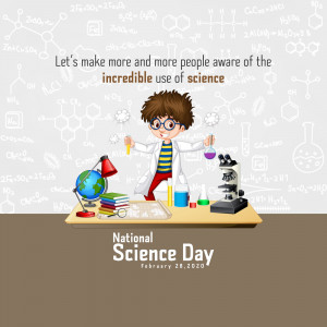 Illustration of a young scientist with laboratory equipment and chemical formulas, celebrating National Science Day.