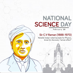 Illustration of C.V. Raman with National Science Day text and a space shuttle.