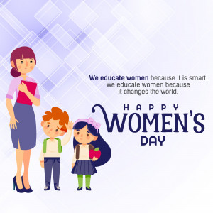 Illustration of a female teacher with students and text celebrating Women's Day.