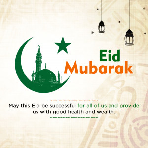 Eid Mubarak greeting card with crescent moon, mosque, and lanterns