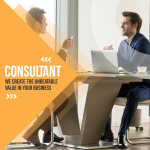 Two business professionals discussing strategy with a laptop and consultant text overlay.