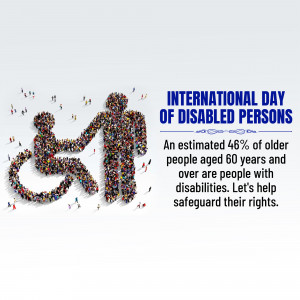 Image depicting people forming the shape of a person in a wheelchair and a person supporting them, with text about International Day of Disabled Persons.