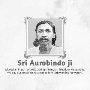 Black and white portrait of Sri Aurobindo with decorative frame and text.
