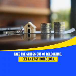 Miniature house and coins with text promoting easy home loans for relocation