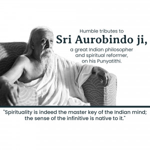 Black and white portrait of Sri Aurobindo, an Indian philosopher and spiritual reformer.