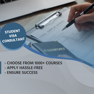 Hand filling out a student visa application form with a passport and consultant badge.