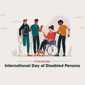 Illustration depicting a diverse group of people with disabilities, including wheelchair users and individuals with prosthetic limbs, celebrating International Day of Disabled Persons.