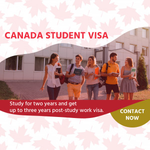 Group of students walking on a campus with Canada Student Visa text overlay