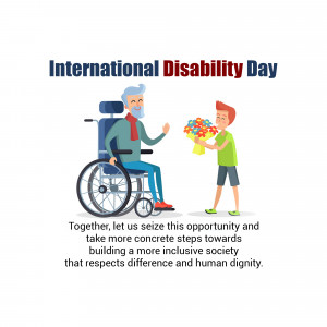 Illustration of a grandfather in a wheelchair receiving flowers from his grandson, celebrating International Disability Day.