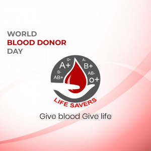 World Blood Donor Day graphic with blood types and a life-saving hand symbol.