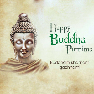 Image of Buddha's face with 'Happy Buddha Purnima' text