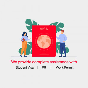 Illustration of people with a Visa card and globe, promoting student visa services.
