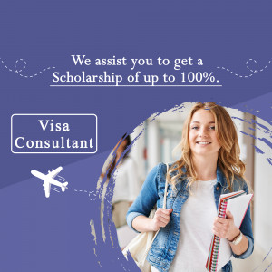 Young woman with backpack and books, promoting scholarship and visa consultation services.