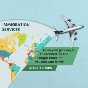 Image depicting immigration services with a world map and airplane.