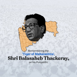 Portrait of Balasaheb Thackeray with a map of Maharashtra in the background