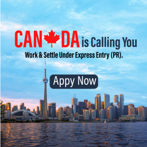 Image promoting Canadian immigration through the Express Entry program, featuring the Toronto skyline and a Canadian maple leaf.