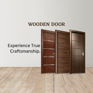 Three modern wooden doors with different designs against a light grey wall.