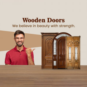 Man pointing to a beautiful wooden door with glass panels.
