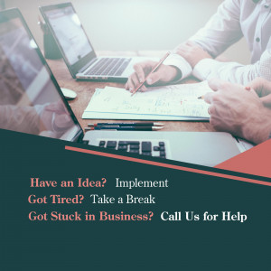 People working on laptops and taking notes, with text overlay offering business help.