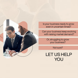 Two businessmen discussing growth strategies with a promotional message.