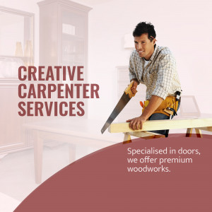 Carpenter working on wood with text overlay promoting carpentry services