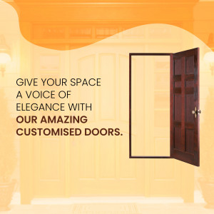 Image of a brown door with an orange and yellow gradient background and text promoting customized doors.