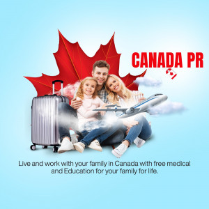 Family with luggage and Canadian flag, promoting Canada PR